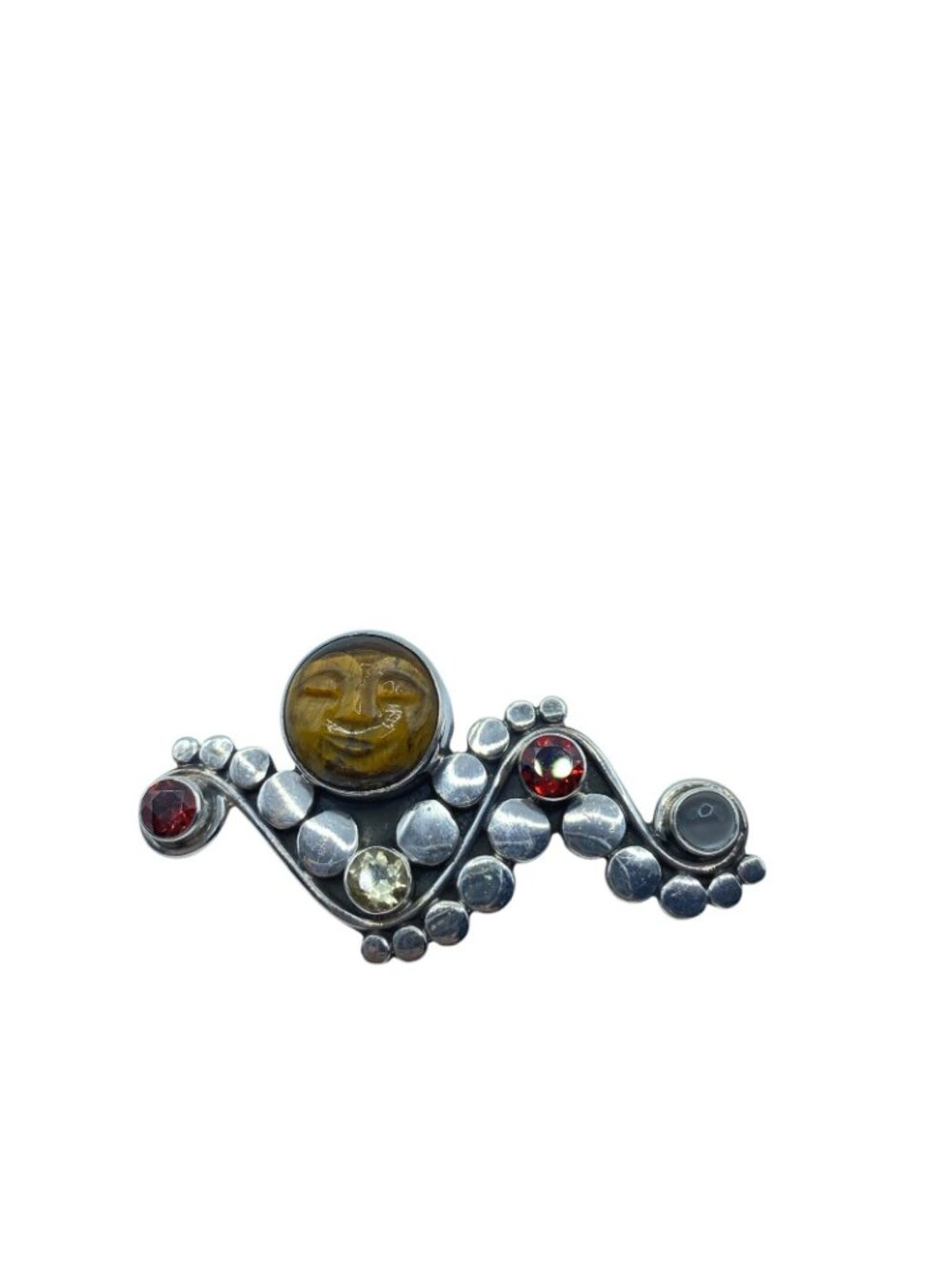 Sterling Silver 925 Carved Face Tigers Eye Garnet Citrine Brooch Modernist